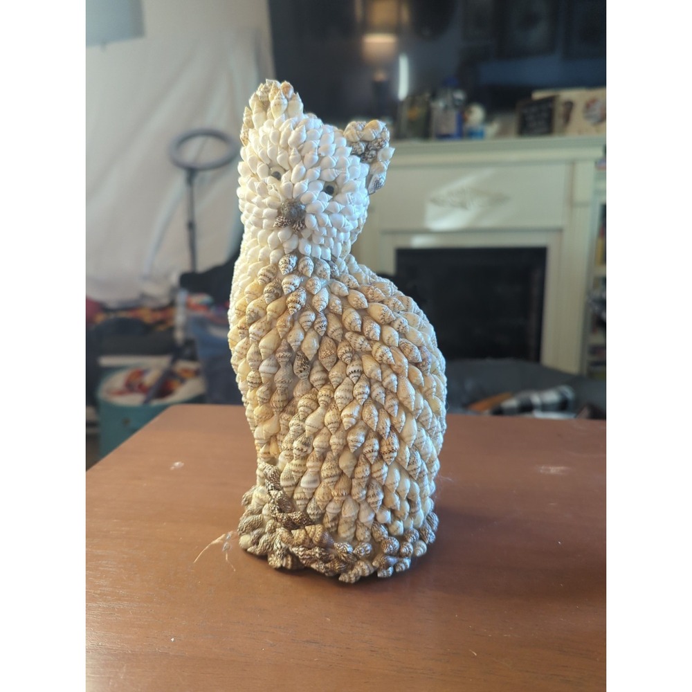 Vintage Sea Shell Cat Statue  Philippines Souvenir Kitty Cat
